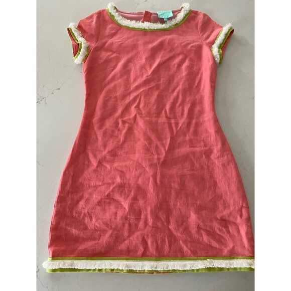 STS Sail to Sable Pink Dress/Green-White Trim Short Sleeve Size 6 Linen Lined - Picture 1 of 8